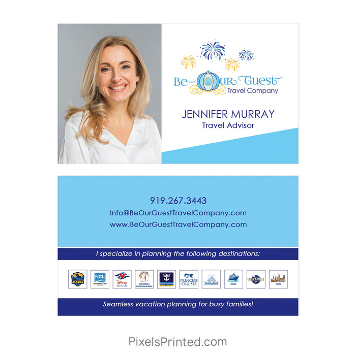 custom for Be Our Guest Travel Company business cards PixelsPrinted