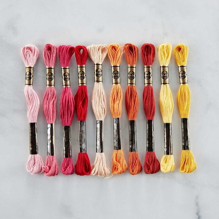 DMC Color Essentials Floss Bundle Warm 10 Pack on grey marble background.