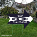 eXp Realty arrow shaped real estate yard sign with metal step stake for directing buyers to listings and open houses.