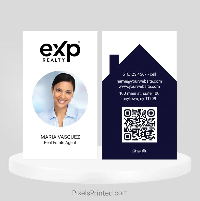 Professional eXp Realty business card featuring a modern house graphic and personalized agent information.