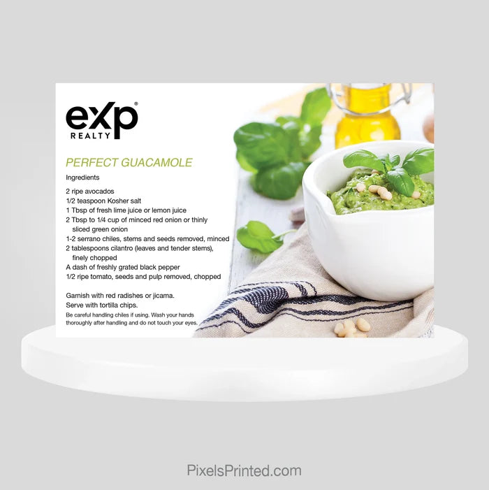 eXp Realty guacamole recipe postcard for real estate agents using useful mailers to stay connected with clients and farm neighborhoods.