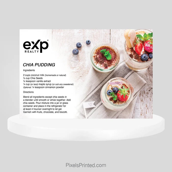 eXp Realty chia pudding recipe postcard designed for real estate agents to nurture relationships and stay top-of-mind.