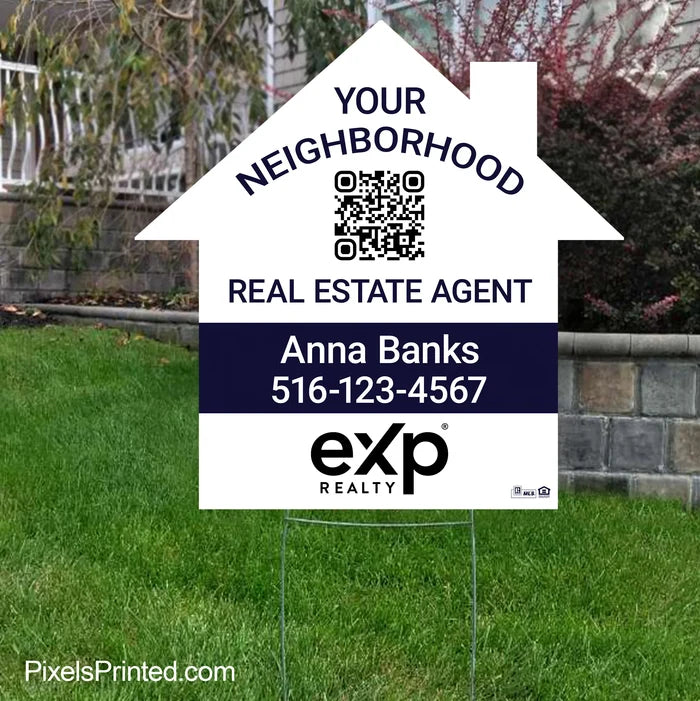 eXp Realty house shaped yard sign promoting a local realtor and creating a visible neighborhood presence.