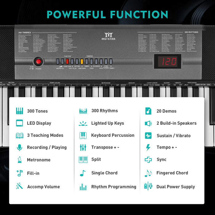 MUSTAR MEKS-100, Beleuchtetes Piano-Keyboard-Set, Tragbares elektronisches Keyboard mit 61 Tasten