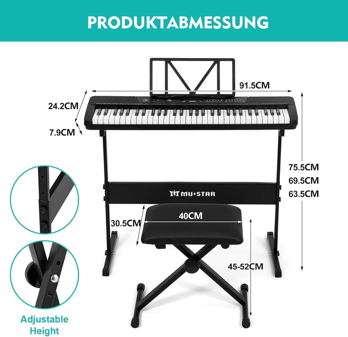 MUSTAR MEKS-200, Tragbares elektronisches Keyboard mit beleuchtetem LCD-Display und 61 Tasten für Anfänger, inklusive Ständer/Hocker/Kopfhörer