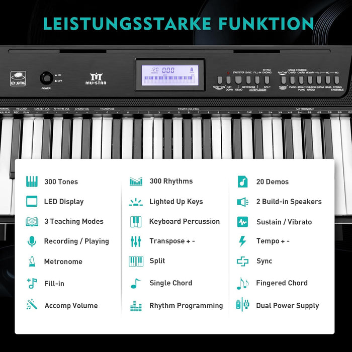 MUSTAR MEKS-200, Tragbares elektronisches Keyboard mit beleuchtetem LCD-Display und 61 Tasten für Anfänger, inklusive Ständer/Hocker/Kopfhörer