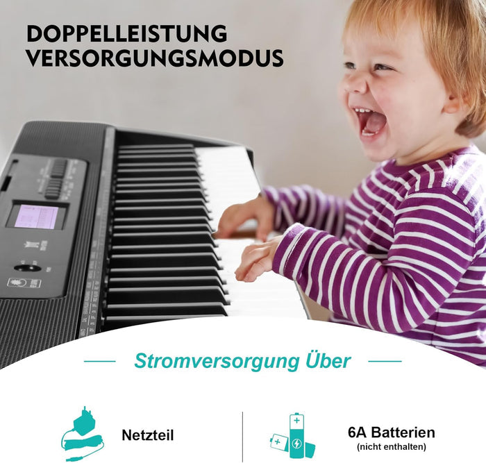 MUSTAR MEKS-200, Tragbares elektronisches Keyboard mit beleuchtetem LCD-Display und 61 Tasten für Anfänger, inklusive Ständer/Hocker/Kopfhörer