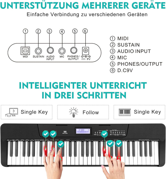 MUSTAR MEKS-200, Tragbares elektronisches Keyboard mit beleuchtetem LCD-Display und 61 Tasten für Anfänger, inklusive Ständer/Hocker/Kopfhörer