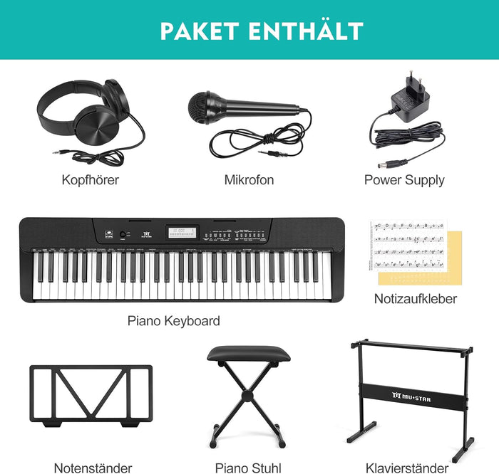 MUSTAR MEKS-200, Tragbares elektronisches Keyboard mit beleuchtetem LCD-Display und 61 Tasten für Anfänger, inklusive Ständer/Hocker/Kopfhörer
