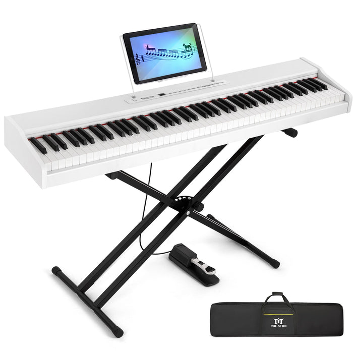 MUSTAR MEP-500, Digitalpiano mit 88 Tasten, halbgewichtete Tastatur, tragbares Keyboard, Holzkorpus in E-Form, für Anfänger, Weiß