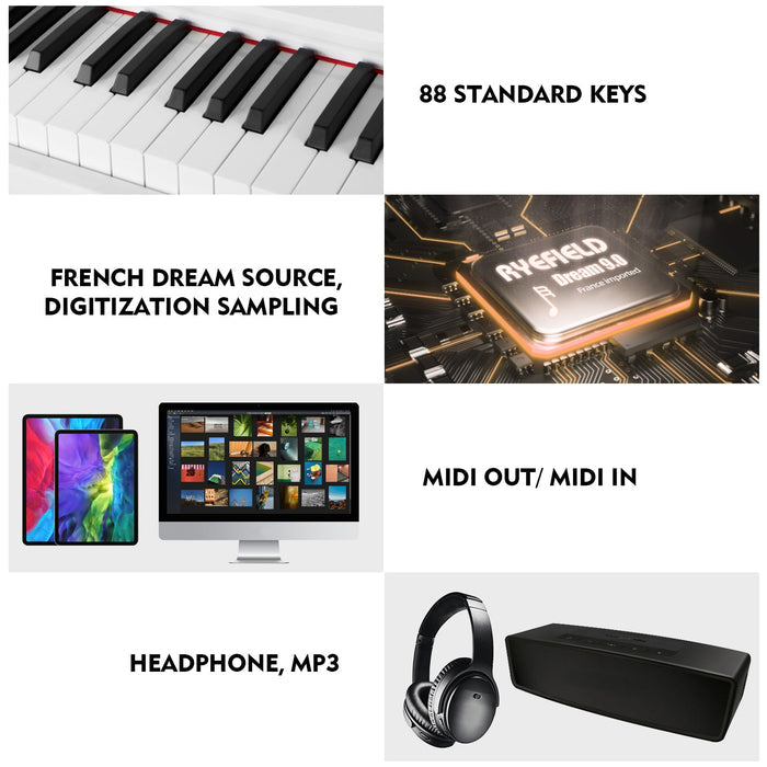 MUSTAR MEP-500, Digitalpiano mit 88 Tasten, halbgewichtete Tastatur, tragbares Keyboard, Holzkorpus in E-Form, für Anfänger, Weiß