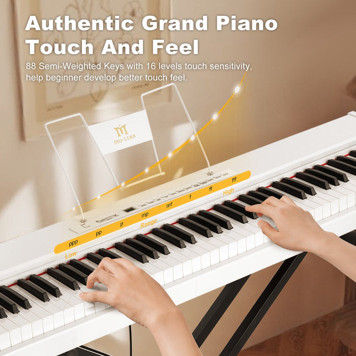 MUSTAR MEP-500, Digitalpiano mit 88 Tasten, halbgewichtete Tastatur, tragbares Keyboard, Holzkorpus in E-Form, für Anfänger, Weiß