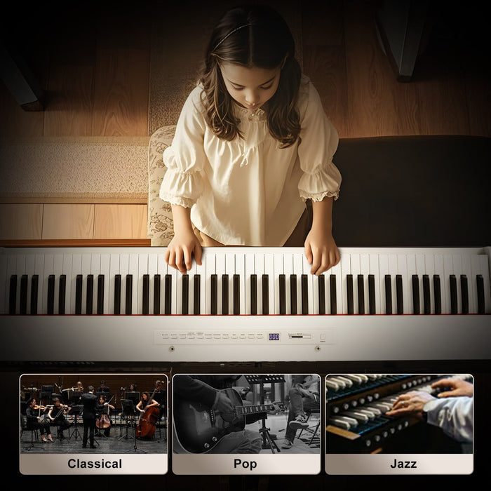 MUSTAR MEP-500, Digitalpiano mit 88 Tasten, halbgewichtete Tastatur, tragbares Keyboard, Holzkorpus in E-Form, für Anfänger, Weiß