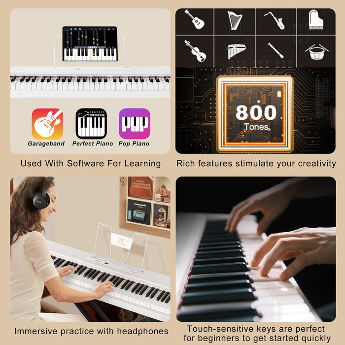 MUSTAR MEP-500, Digitalpiano mit 88 Tasten, halbgewichtete Tastatur, tragbares Keyboard, Holzkorpus in E-Form, für Anfänger, Weiß