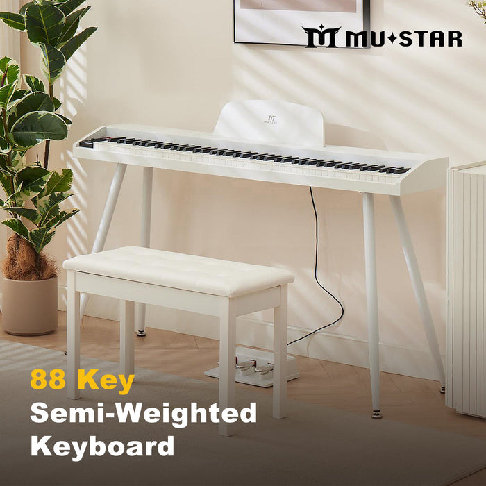 MUSTAR MEP-700, Digitalpiano mit 88 halbgewichteten Tasten, inklusive Hocker, elektronische Holztastatur, Weiß