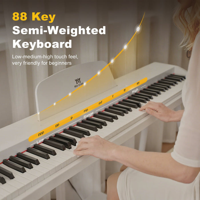 MUSTAR MEP-700, Digitalpiano mit 88 halbgewichteten Tasten, inklusive Hocker, elektronische Holztastatur, Weiß